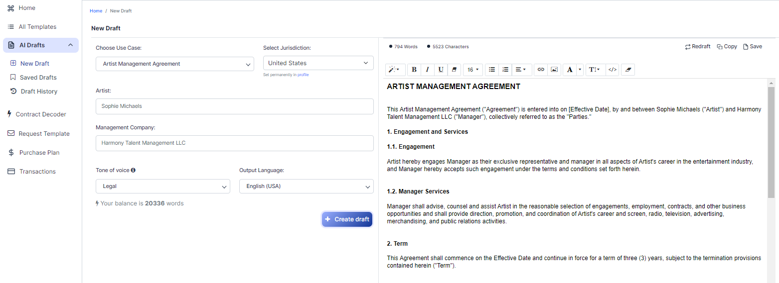 Artist Management Agreement template