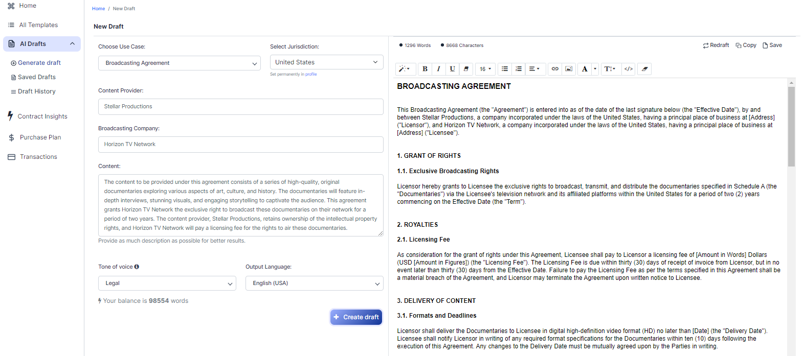 Broadcasting Agreement template