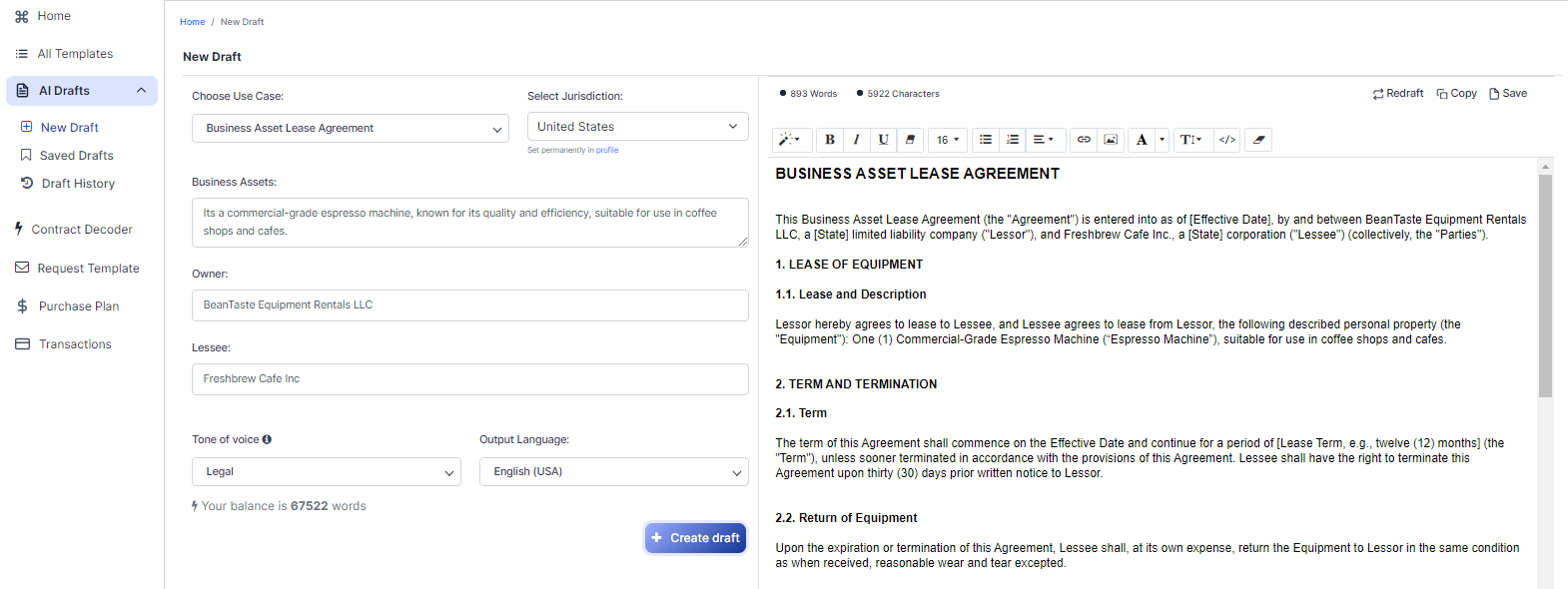 Business Asset Lease Agreement template