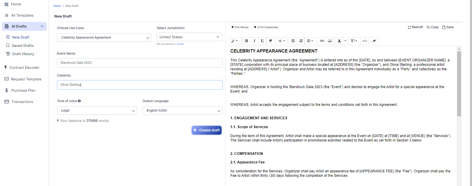 Celebrity Appearance Agreement template