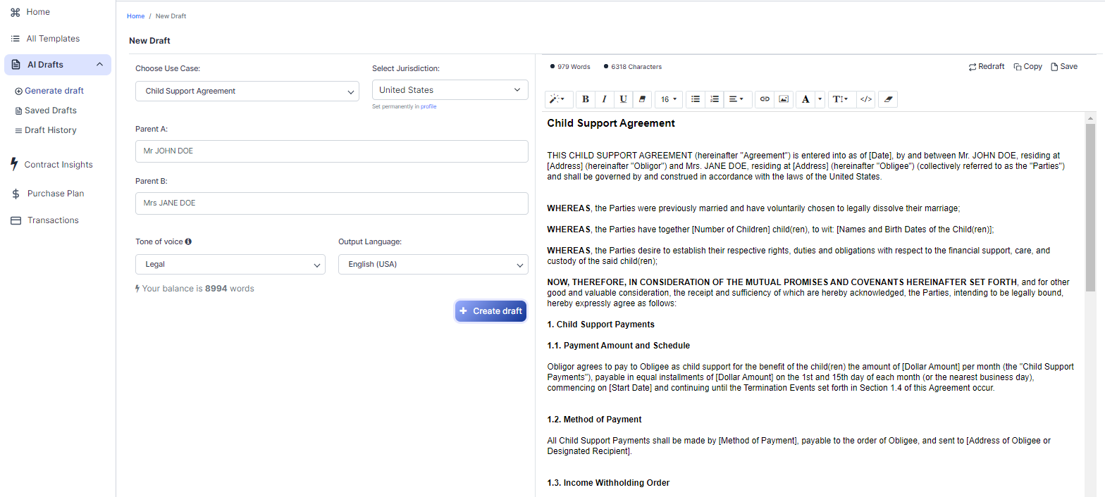 Child Support Agreement template