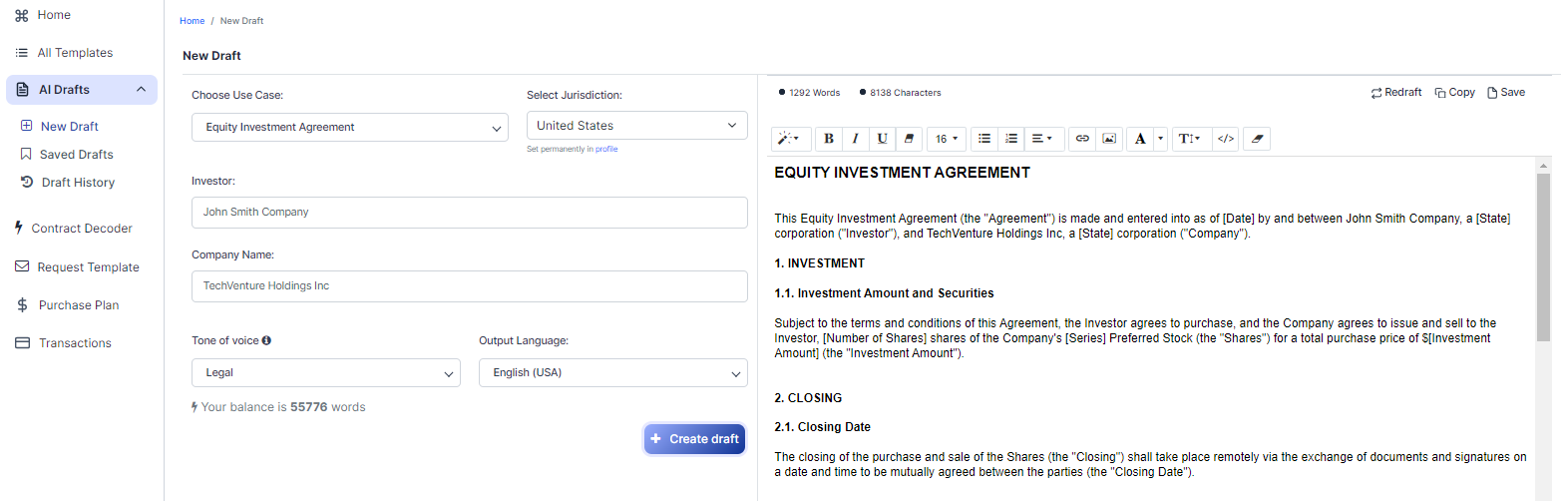 Equity Investment Agreement template
