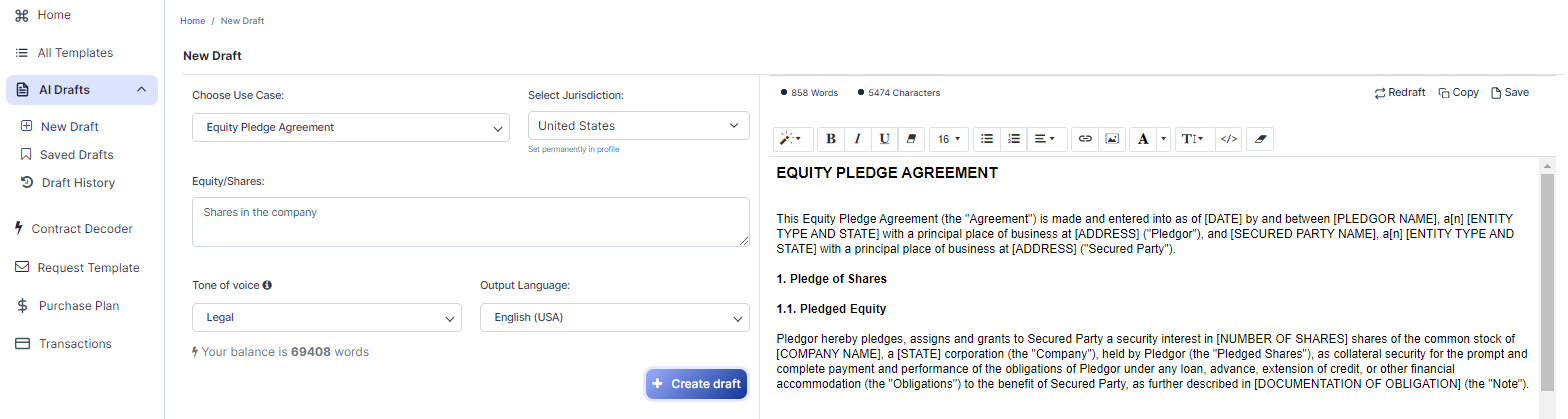 Equity Pledge Agreement template