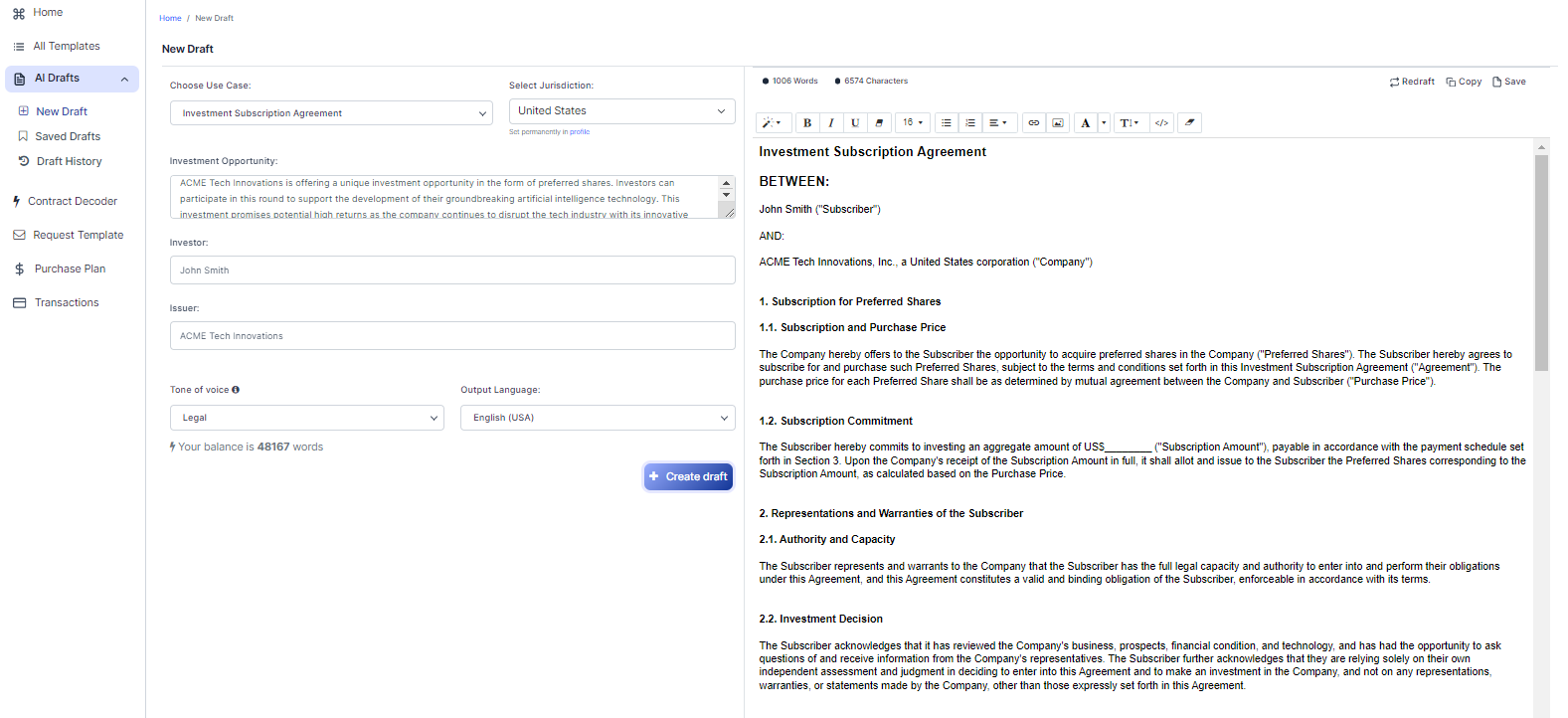 Investment Subscription Agreement template