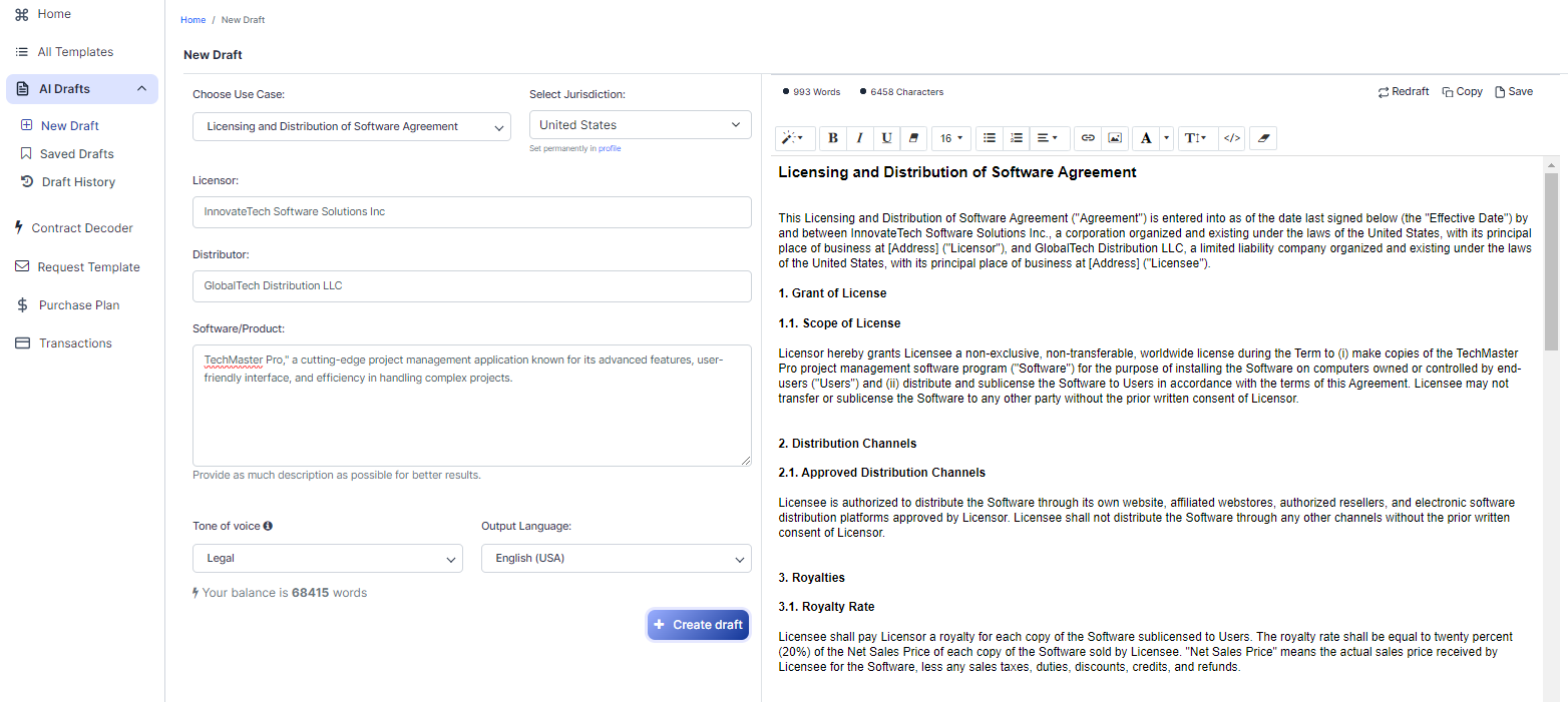 Licensing and Distribution of Software Agreement template