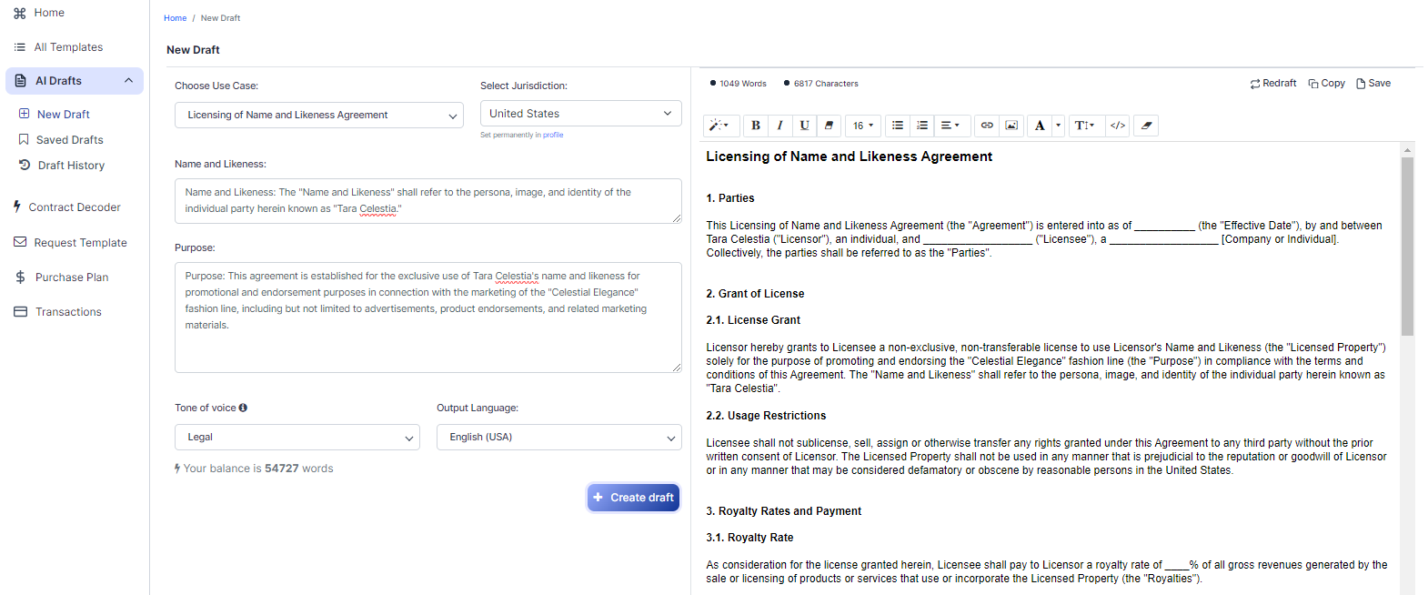 Licensing of Name and Likeness Agreement template