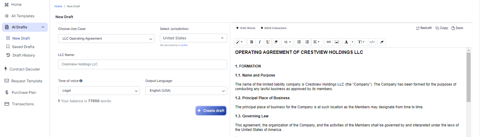 LLC Operating Agreement template
