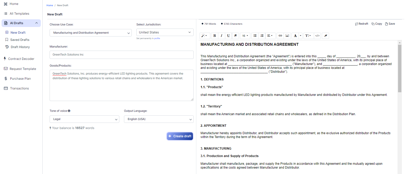 Manufacturing and Distribution Agreement template