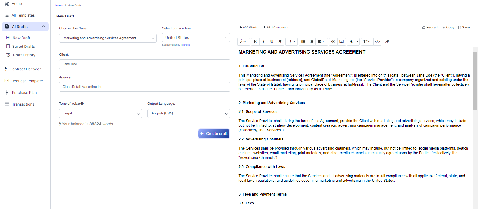 Marketing and Advertising Services Agreement template