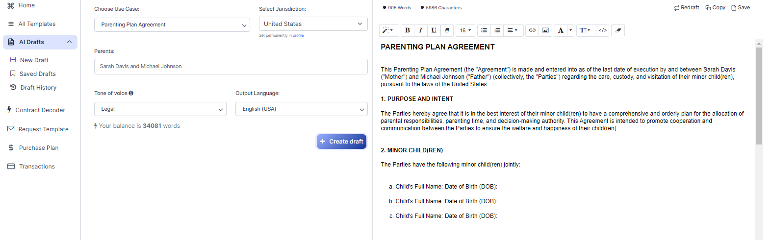 Parenting Plan Agreement template