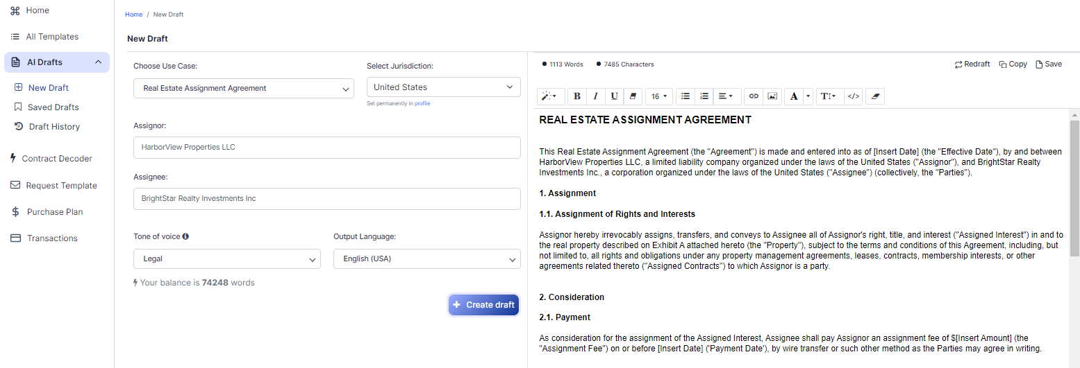Real Estate Assignment Agreement template