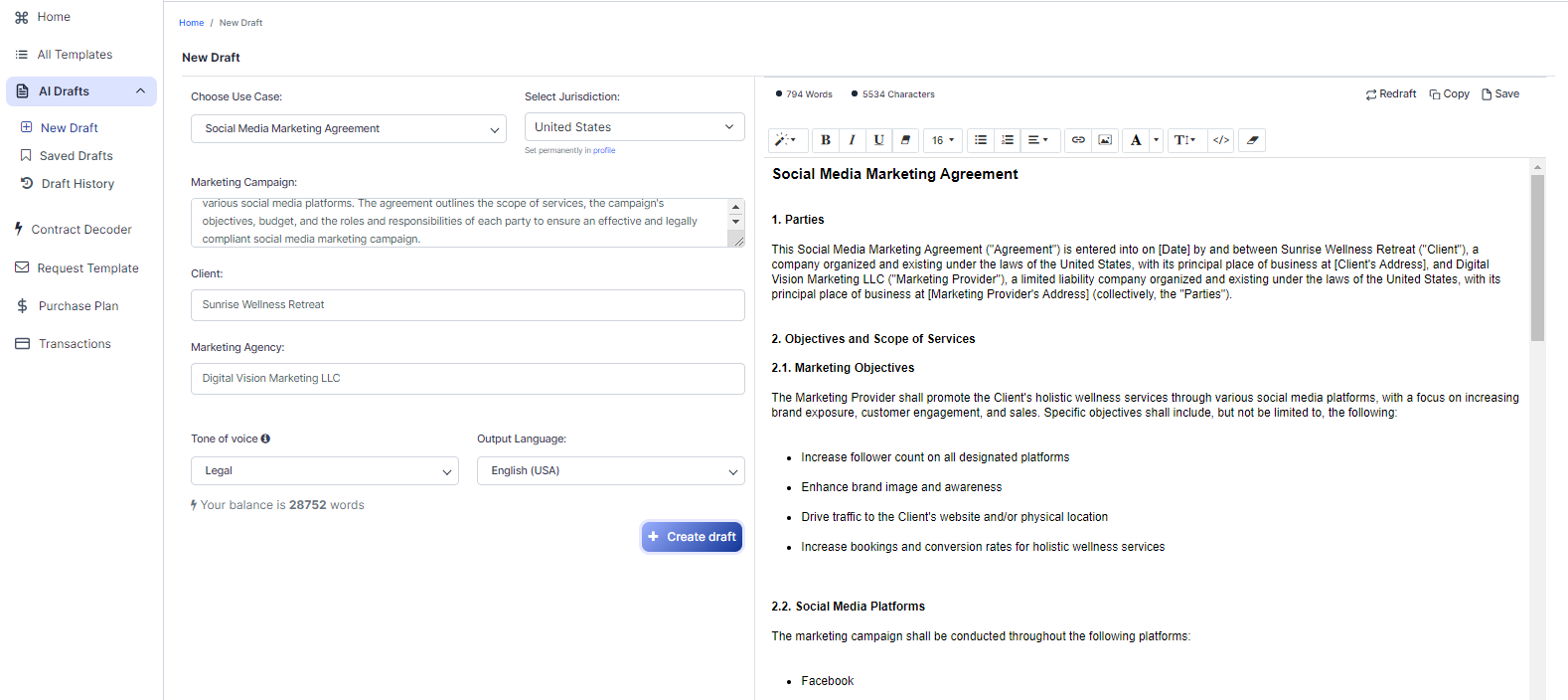 Social Media Marketing Agreement template