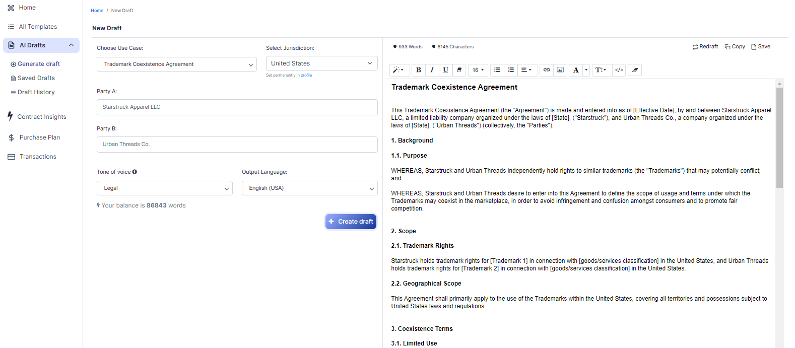 Trademark Coexistence Agreement template