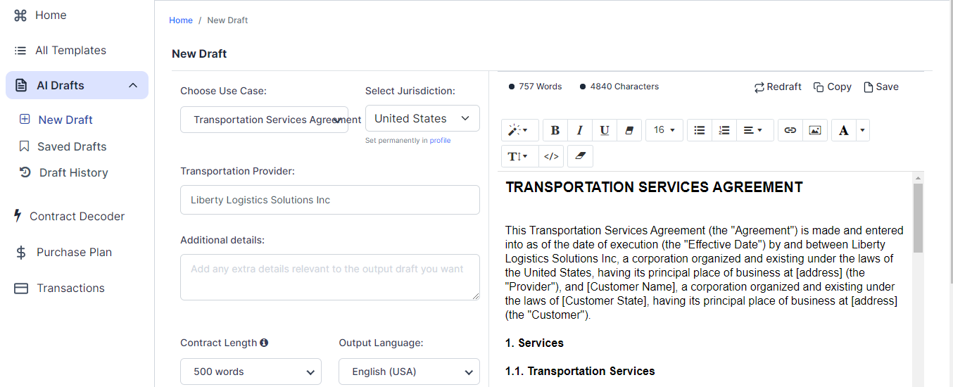 Transportation Services Agreement template