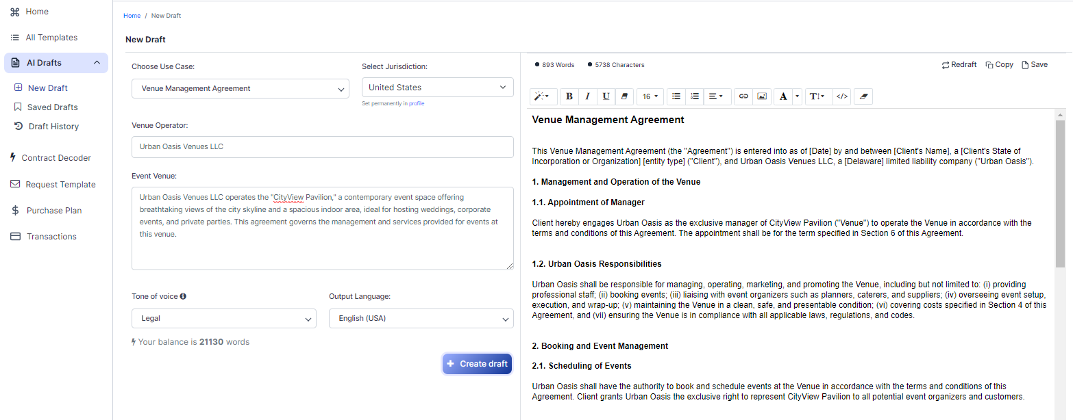 Venue Management Agreement template